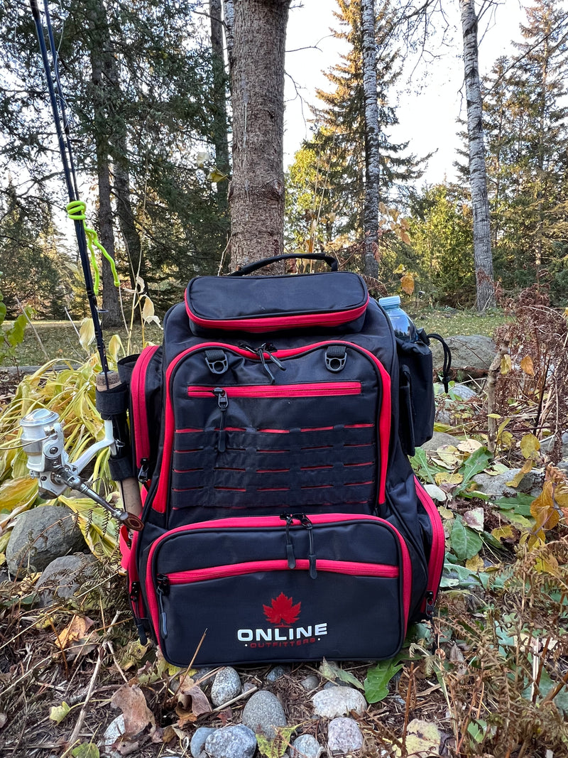 Load image into Gallery viewer, Online Outfitters Fishing Backpack — 4-Tray Tackle Storage with Rod Holders
